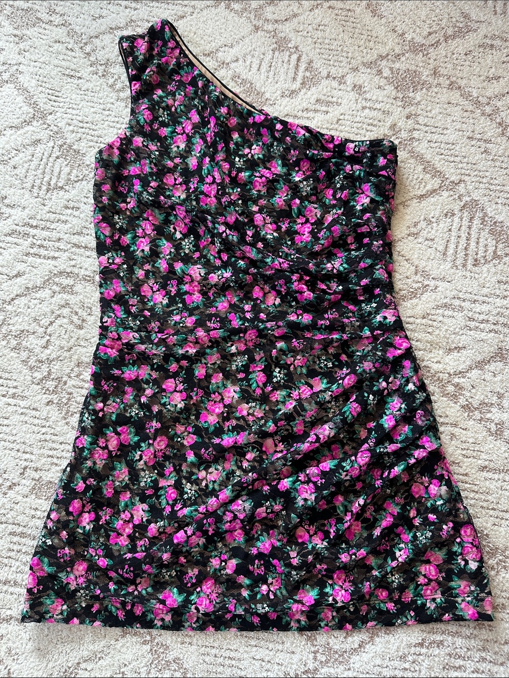 Dress the Population One Shoulder Floral Ruched Mini Dress Black Pink Size S